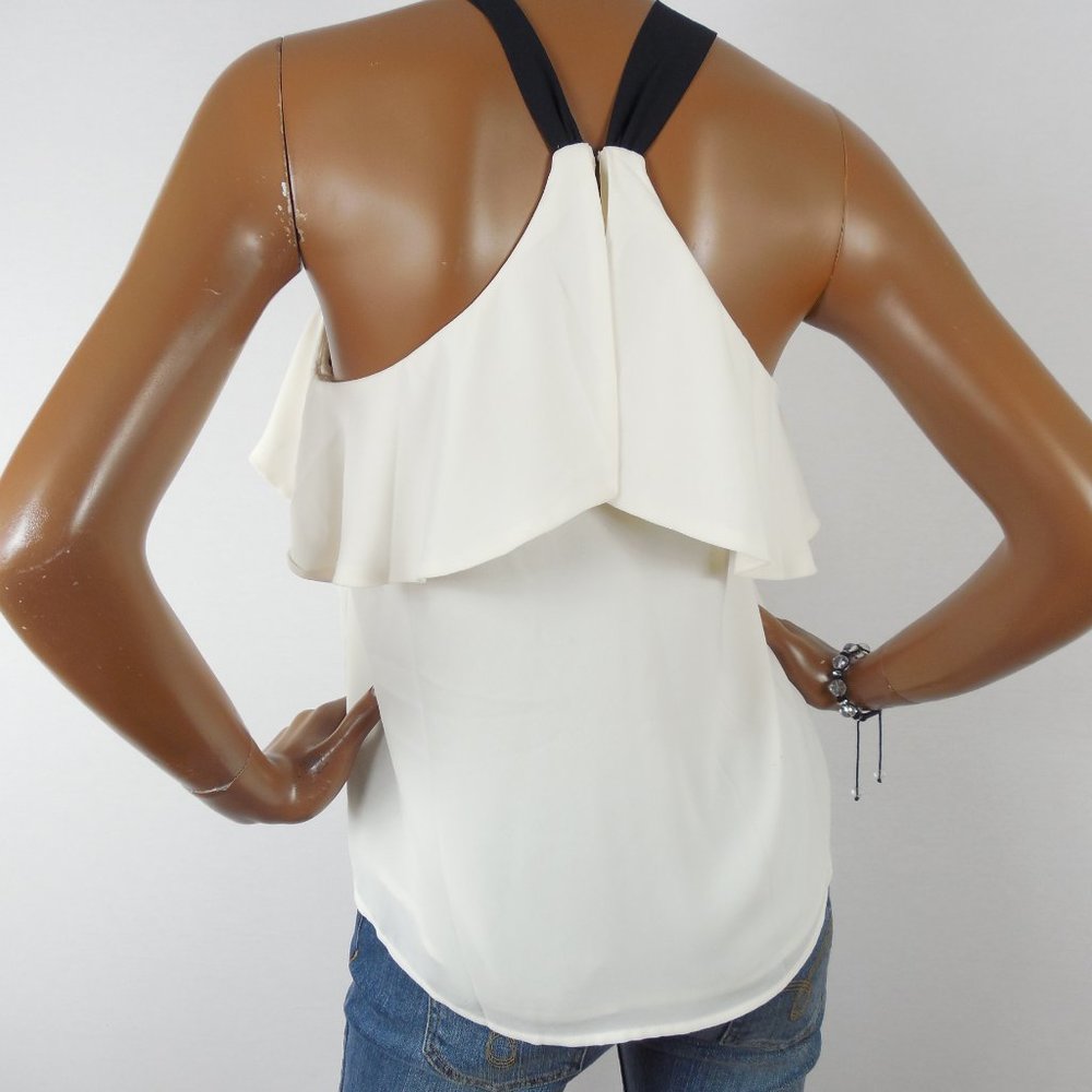 ANN TAYLOR LOFT Top XS Ivory Halter Blouse Black Tie Sleeveless Ruffle Trim - Picture 6 of 9
